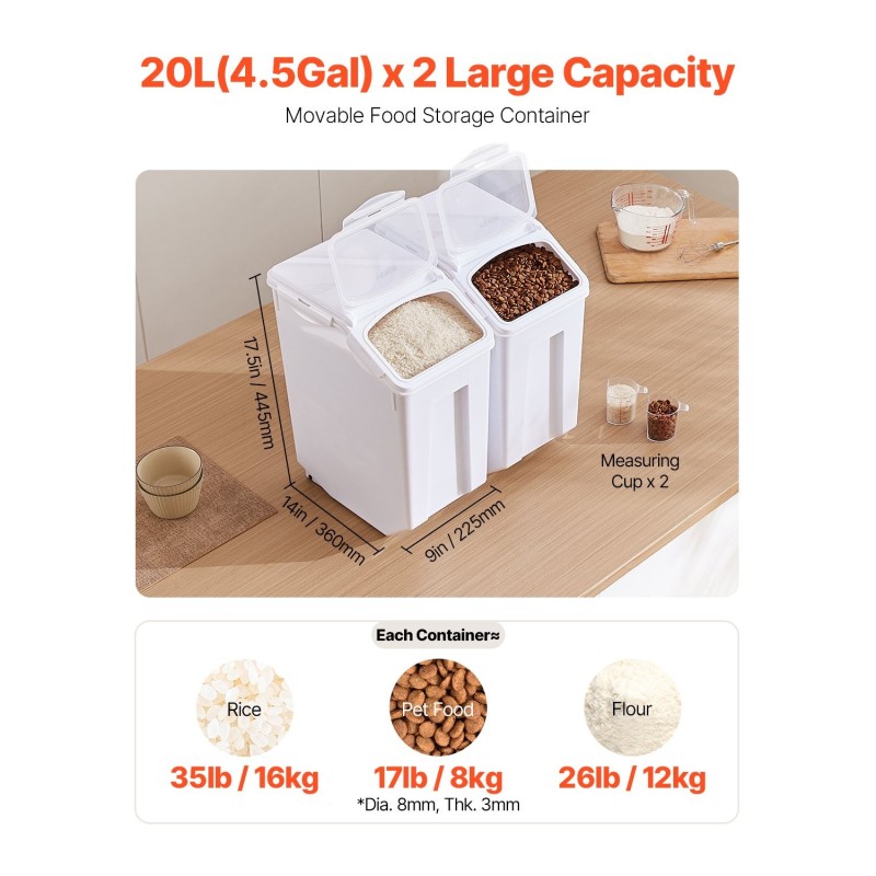 Kuivaruokasäilytysastia polypropeeni 20 l 2 kpl pyörillä tiivis kansi mittakupit