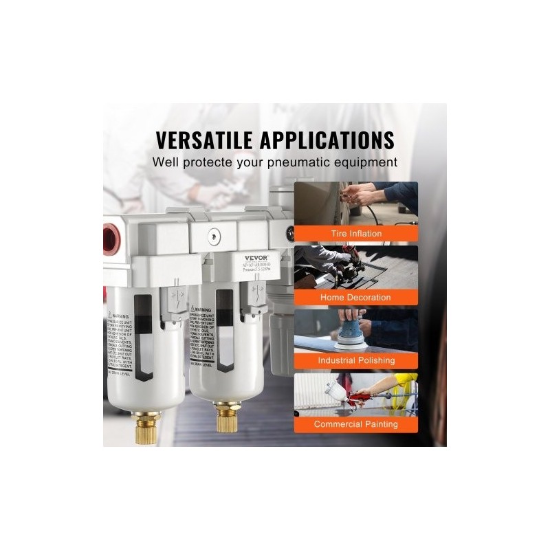 Paineilmasuodatin ja paineensäädin 3/8 NPT kaksivaiheinen 5μm messinkinen suodatinelementti polykarbonaattikulho