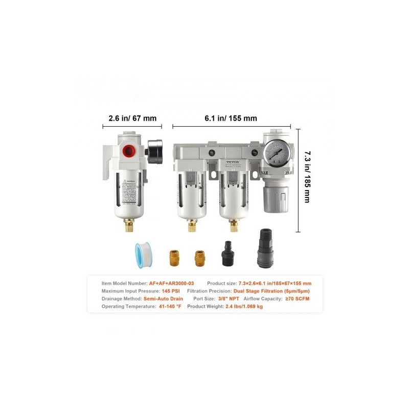 Paineilmasuodatin ja paineensäädin 3/8 NPT kaksivaiheinen 5μm messinkinen suodatinelementti polykarbonaattikulho