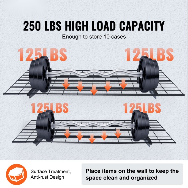 Seinäkiinnitettävä teräshylly kaksi tasoa 122 x 61 cm 113 kg jokaiselle tasolle