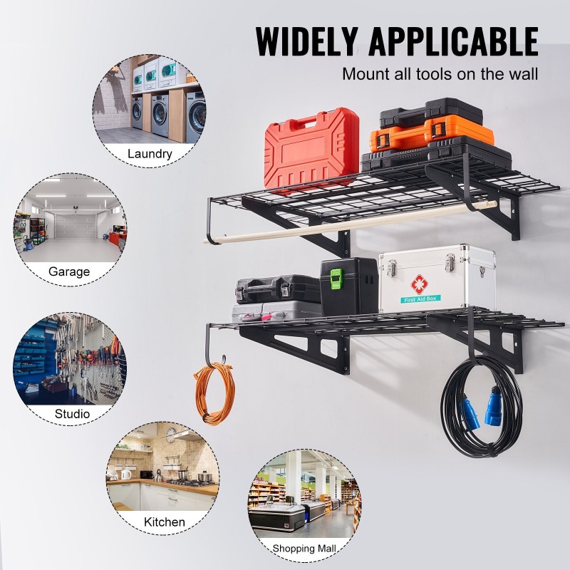 Seinäkiinnitettävä teräshylly kaksi tasoa 122 x 61 cm 113 kg jokaiselle tasolle