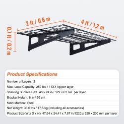 Seinäkiinnitettävä teräshylly kaksi tasoa 122 x 61 cm 113 kg jokaiselle tasolle