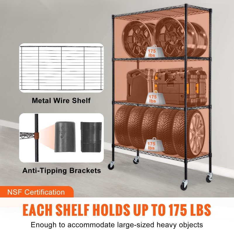 Säilytyshylly jauhemaalattu hiiliteräs nelitasoinen säädettävät tasot pyörillä musta