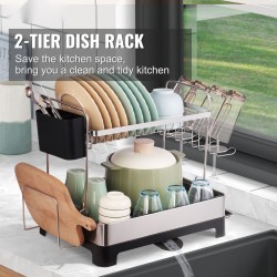 Astioiden kuivausteline kaksitasoinen ruostumaton teräs valuma-altaalla ja aterintelineellä tiskialtaan yläpuolelle