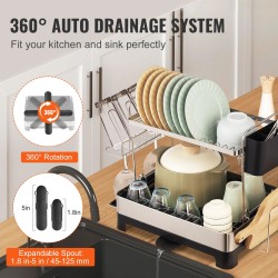 Astioiden kuivausteline kaksitasoinen ruostumaton teräs valuma-altaalla ja aterintelineellä tiskialtaan yläpuolelle