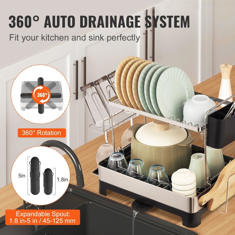 Astioiden kuivausteline kaksitasoinen ruostumaton teräs valuma-altaalla ja aterintelineellä tiskialtaan yläpuolelle