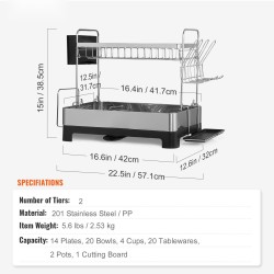 Astioiden kuivausteline kaksitasoinen ruostumaton teräs valuma-altaalla ja aterintelineellä tiskialtaan yläpuolelle