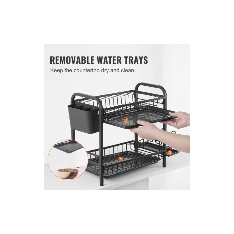 Astiankuivausteline kaksitasoinen ruosteenkestävä hiiliteräs musta suuri kapasiteetti valuma-alustalla