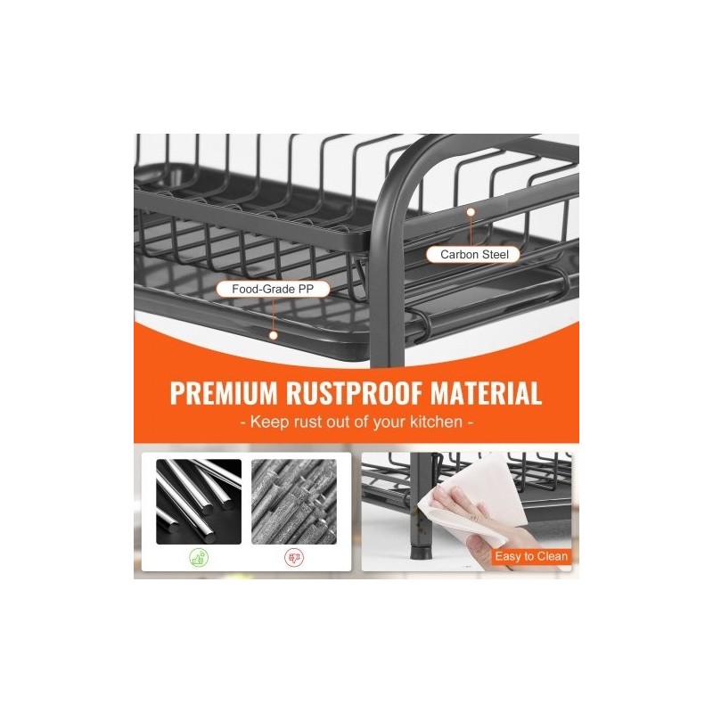 Astiankuivausteline kaksitasoinen ruosteenkestävä hiiliteräs musta suuri kapasiteetti valuma-alustalla