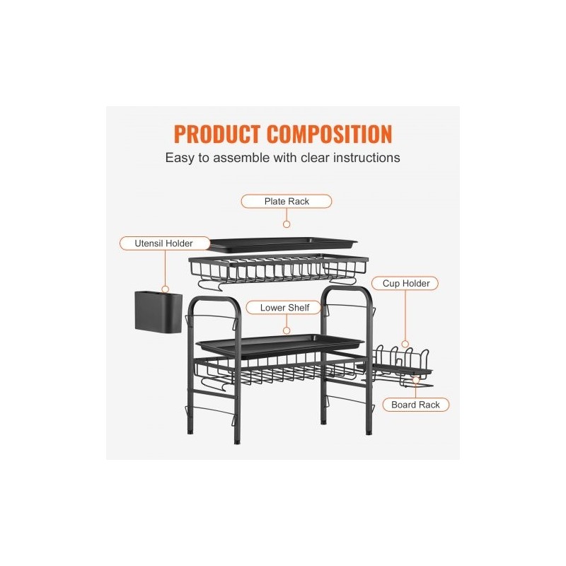 Astiankuivausteline kaksitasoinen ruosteenkestävä hiiliteräs musta suuri kapasiteetti valuma-alustalla