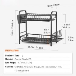 Astiankuivausteline kaksitasoinen ruosteenkestävä hiiliteräs musta suuri kapasiteetti valuma-alustalla