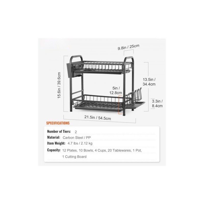 Astiankuivausteline kaksitasoinen ruosteenkestävä hiiliteräs musta suuri kapasiteetti valuma-alustalla
