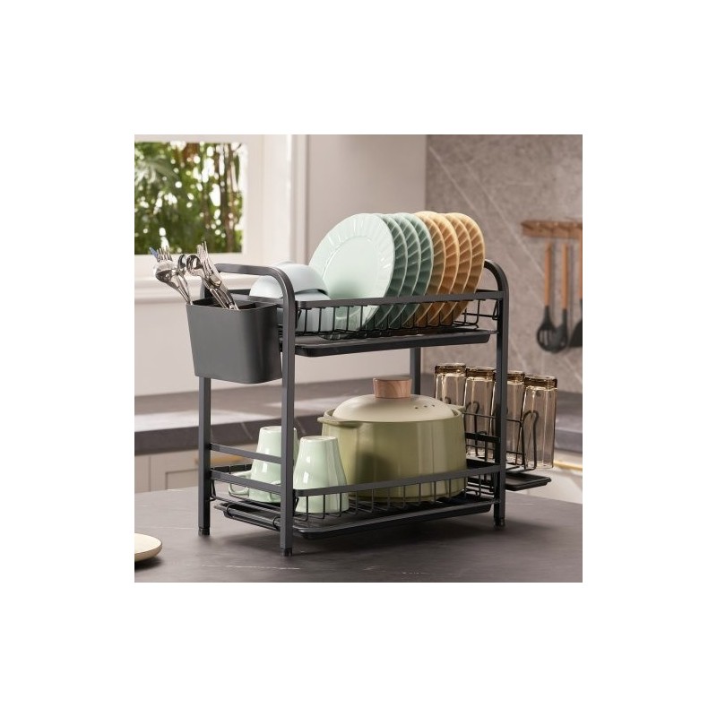 Astiankuivausteline kaksitasoinen ruosteenkestävä hiiliteräs musta suuri kapasiteetti valuma-alustalla