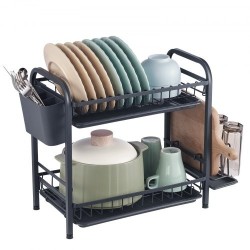 Astiankuivausteline kaksitasoinen ruosteenkestävä hiiliteräs musta suuri kapasiteetti valuma-alustalla