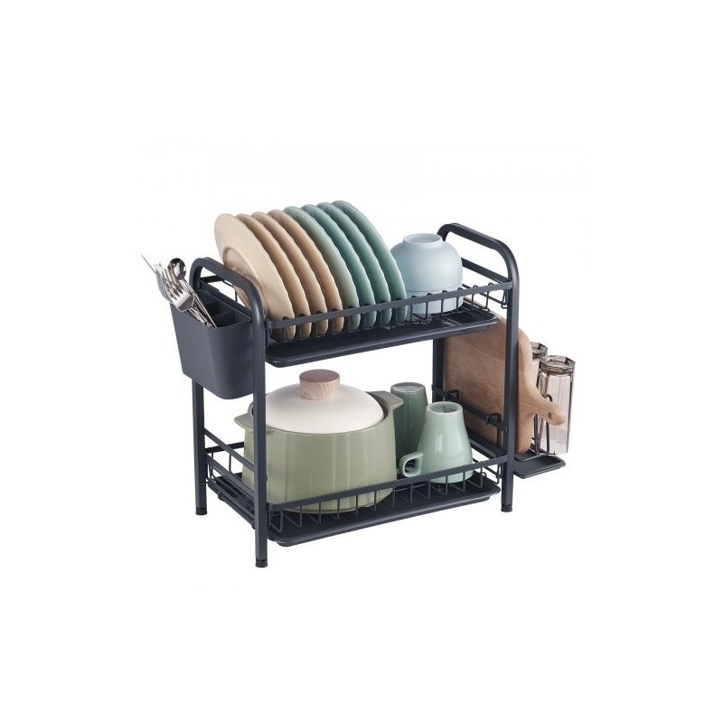 Astiankuivausteline kaksitasoinen ruosteenkestävä hiiliteräs musta suuri kapasiteetti valuma-alustalla