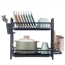 Astiankuivausteline kaksitasoinen ruosteenkestävä hiiliteräs musta suuri kapasiteetti valuma-alustalla