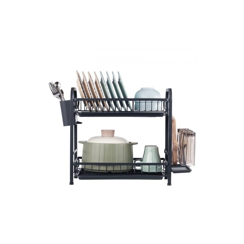 Astiankuivausteline kaksitasoinen ruosteenkestävä hiiliteräs musta suuri kapasiteetti valuma-alustalla