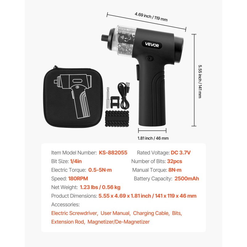 Johdoton sähköruuvimeisseli 32 kärkeä 0,5–5 N·m 2500 mAh akku digitaalinen näyttö