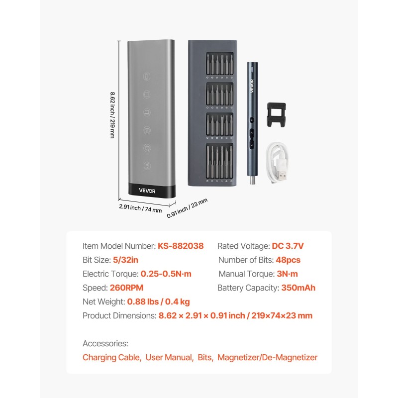 Sähköinen tarkkuusruuvimeisselisarja 48 S2-teräskärkeä magneettikotelo LED-valo Type-C-lataus