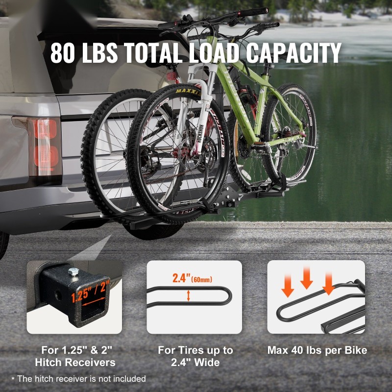 Vetokoukkuun kiinnitettävä alusta-tyylinen pyöräteline 1–2 pyörälle enintään 2,4 tuuman renkaisiin