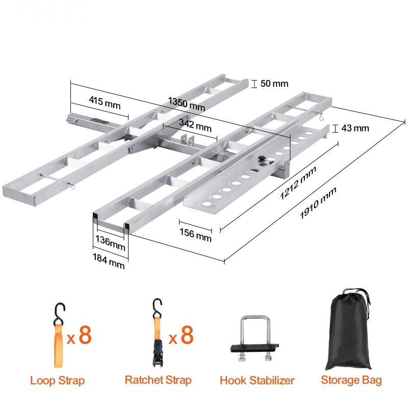 Moottoripyöräteline alumiininen kahdelle pyörälle kahden tuuman vetokoukun vastaanottimelle itsesäilyttävällä rampilla
