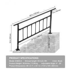 Ulkokaide taotusta raudasta säädettävä 0–5 portaalle mattamusta asennussarjalla