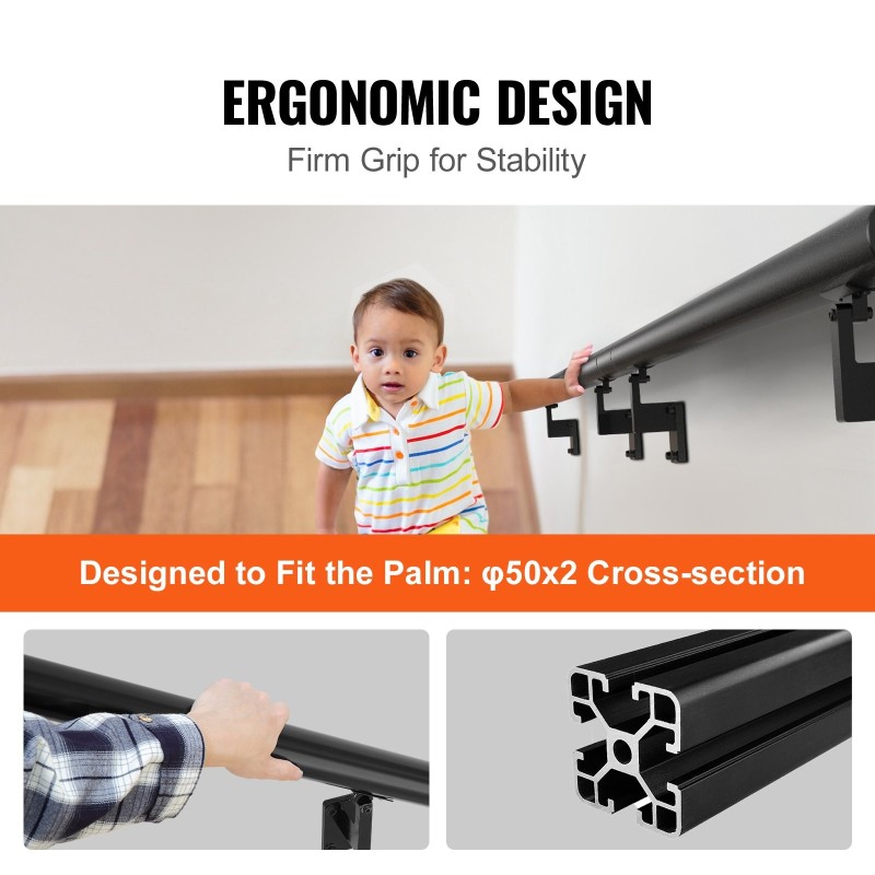 Seinäkiinnitteinen portaiden käsijohde alumiiniseos 2134 mm musta 199,6 kg sisältää asennussarjan