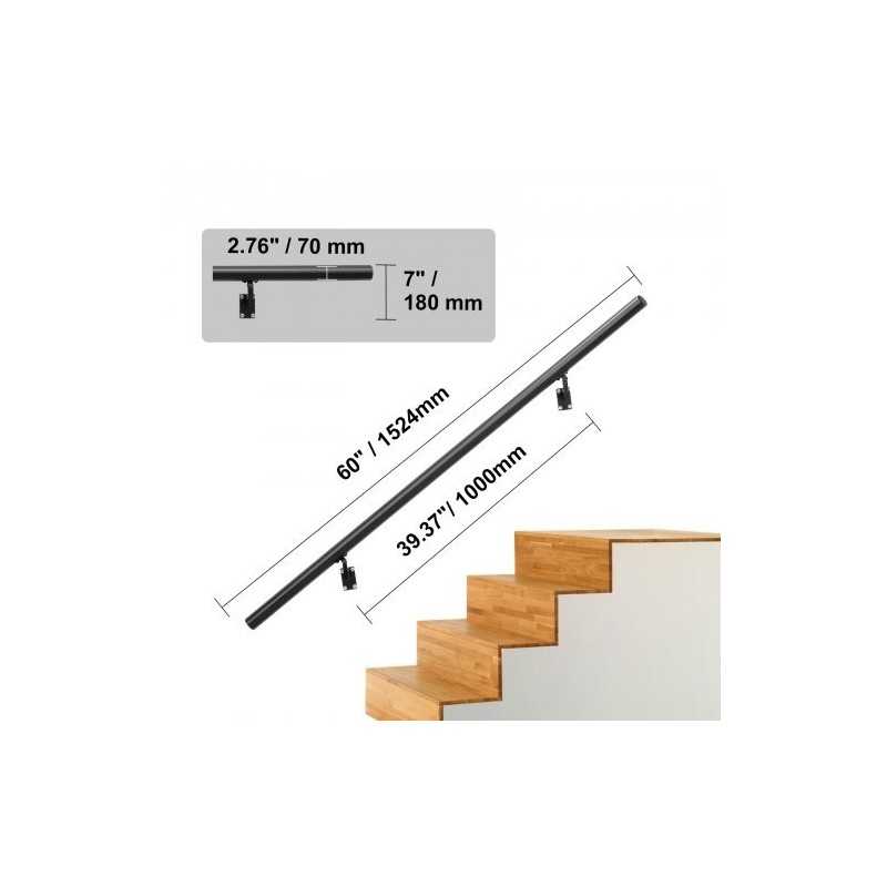 Seinäkiinnitteinen alumiinikaide portaisiin alumiiniseos 1524 mm 199,6 kg kantavuus musta asennussarja