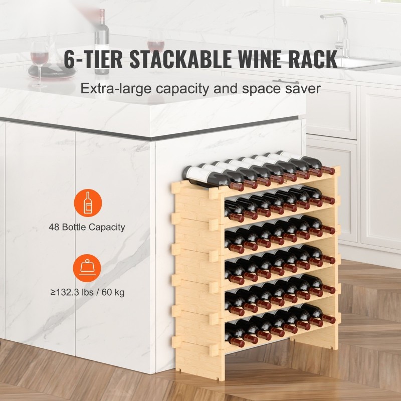 Viiniteline luonnon bambusta kuusitasoinen pinottava 48 pullolle lattiamallinen