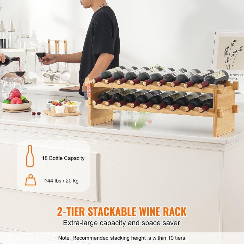 Viiniteline 2-kerroksinen luonnollinen bambu 18 pulloa vapaa seisova pinottava