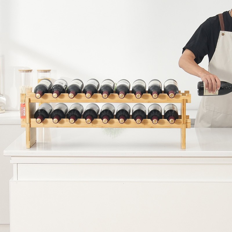 Viiniteline 2-kerroksinen luonnollinen bambu 18 pulloa vapaa seisova pinottava