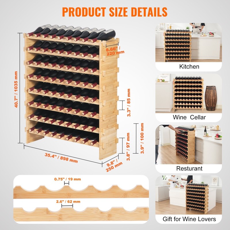 Viiniteline bambusta lattialla seisova kahdeksan tasoa seitsemänkymmentäkaksi pulloa