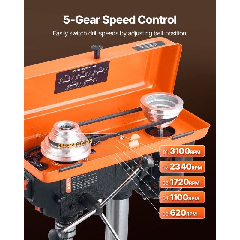 Pöytämallinen pylväsporakone 500 W induktiomoottori 5 nopeutta 0–45 asteen työpöytä LED työvalo