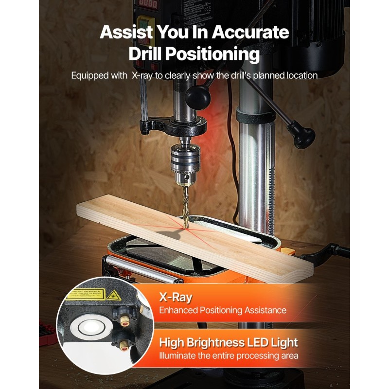 Pöytämallinen pylväsporakone 12-tuumainen 750 W kallistuvalla 0–45° työpöydällä LED-työvalolla röntgentähtäyksellä
