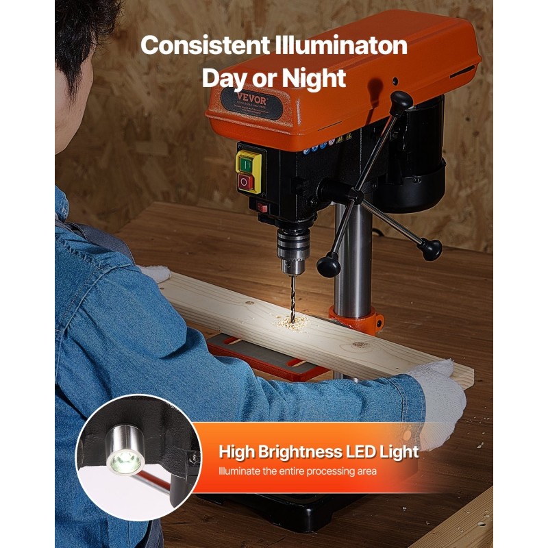 Pöytämallinen 8-tuumainen 500W 5-portainen pylväsporakone 0–45° kallistettava työpöytä puu ja metalli