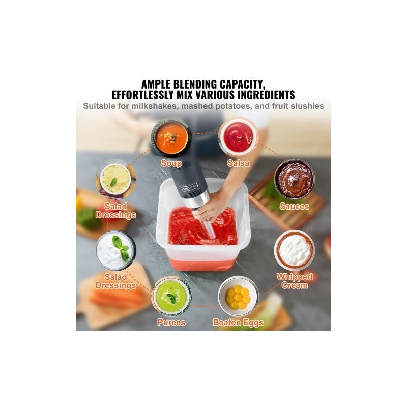 Sauvasekoitin 500W ammattikäyttöön säädettävällä nopeudella 304-ruostumattomasta teräksestä keittoihin ja smoothieihin