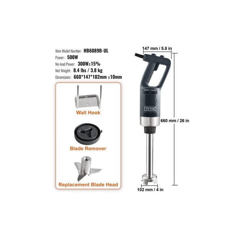 Sauvasekoitin 500W ammattikäyttöön säädettävällä nopeudella 304-ruostumattomasta teräksestä keittoihin ja smoothieihin