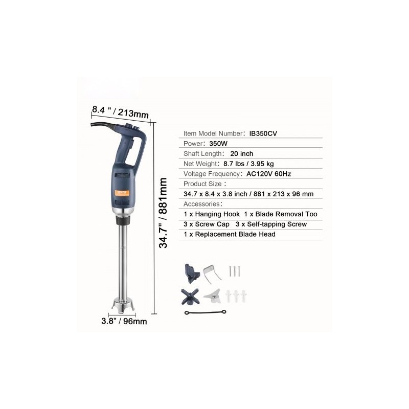 Upposekoitin 350W 20-tuumainen sekoitusvarsi ruostumattomasta teräksestä portaaton nopeudensäätö ammattikäyttöön