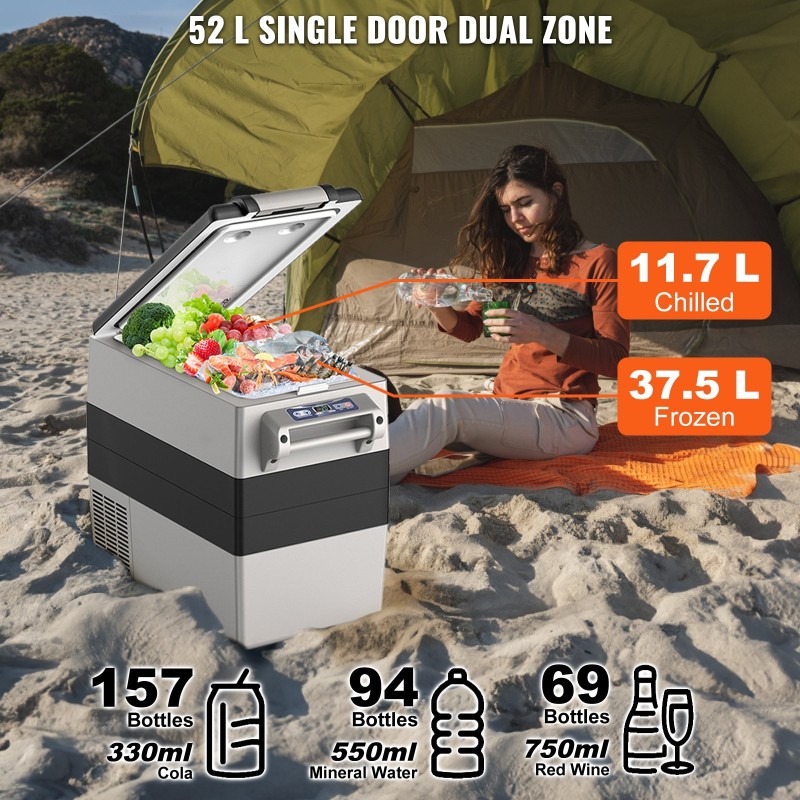 Kompressorikäyttöinen autokylmälaukku 52 l kaksivyöhykkeinen toimii 12/24 V ja 100–240 V verkkojännitteellä