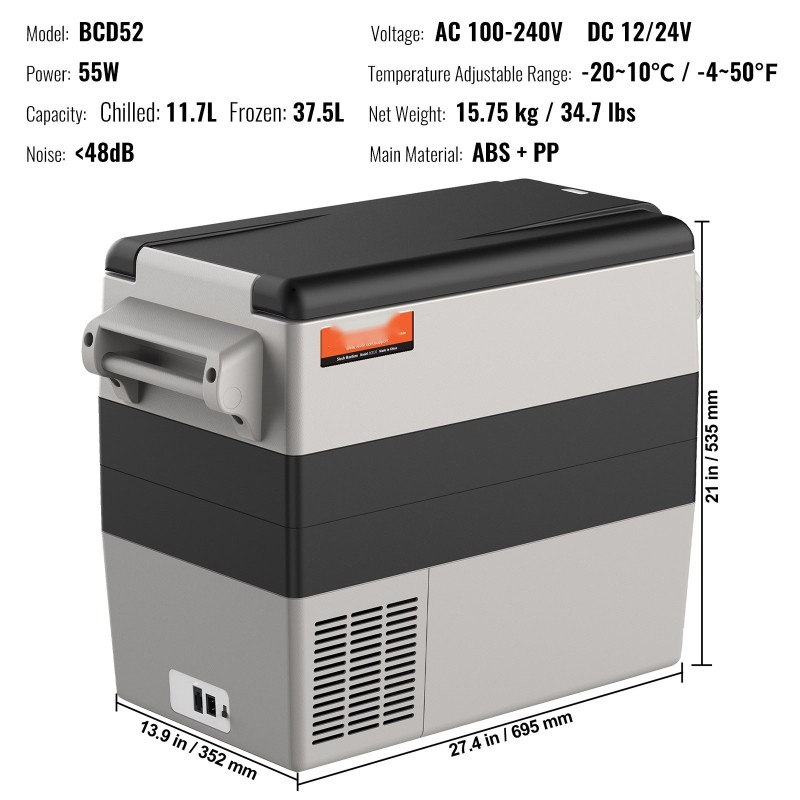 Kompressorikäyttöinen autokylmälaukku 52 l kaksivyöhykkeinen toimii 12/24 V ja 100–240 V verkkojännitteellä