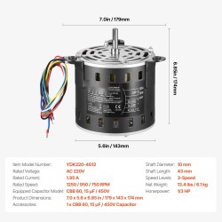Puhallinmoottori metallirunko 1/3 HP 220V 3-nopeuksinen 10x20 mm akseli mukana kondensaattori