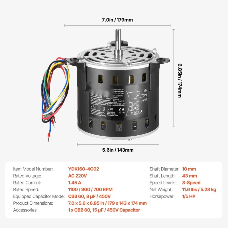 Puhallinmoottori 1/5 hevosvoimaa 220V 3-nopeuksinen 10mmx20mm akseli kondensaattori mukana
