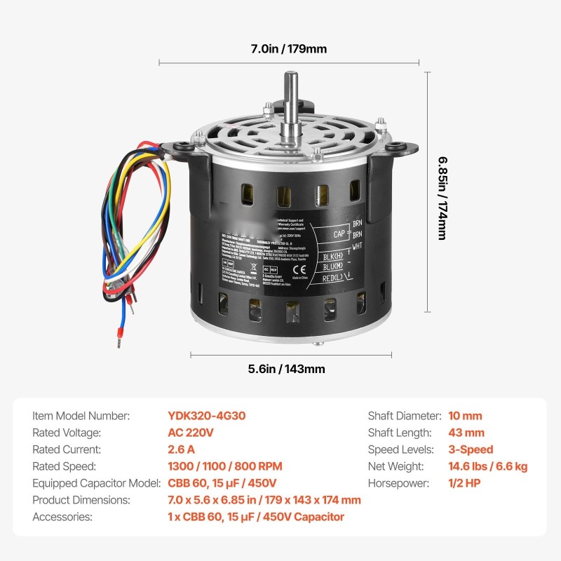 Puhallinmoottori metallirunkoinen 1/2 hevosvoimaa 220V 3-nopeuksinen 10mm akseli 20mm kondensaattorilla