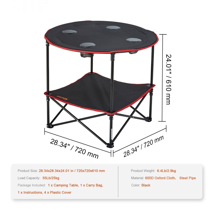 Taitettava retkipöytä kaksikerroksinen 600D Oxford kangas teräsrunko 720x720 mm 25 kg