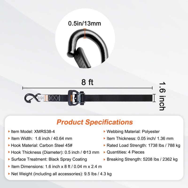 Kuormansidontaliinat polyesteri leveys 40 mm pituus 2,4 m 4 kappaletta pehmustetut kahvat