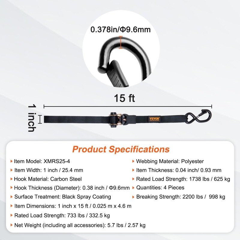 Räikkäkuormaliinat polyesteri 25 mm 4,6 m 4 kappaletta murtolujuus 998 kg