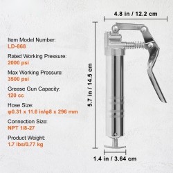 Pistoolikahvainen rasvaprässi hiiliteräs alumiiniseos 120 cm3 korkeapaineinen joustavalla letkulla
