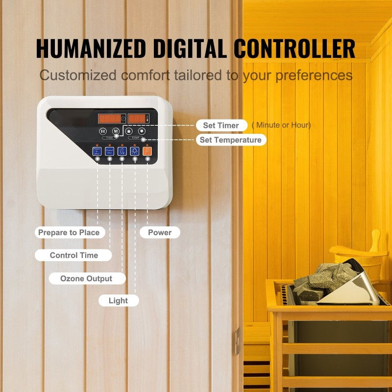 Sähkökiuas 6,2 kilowattia seinäkiinnitys 5–9 m³ saunahuoneisiin digitaalinen ohjain 3 tunnin ajastin