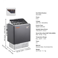 Sähkökiuas 6,2 kilowattia seinäkiinnitys 5–9 m³ saunahuoneisiin digitaalinen ohjain 3 tunnin ajastin