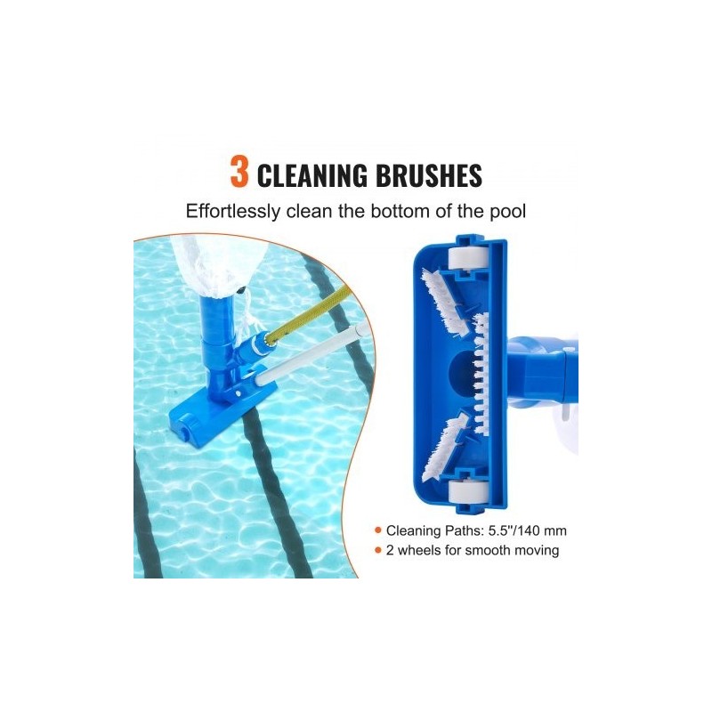 Käsikäyttöinen uima-altaan imuri alumiinivarsi 56 tuuman kolmella harjalla keräyspussilla